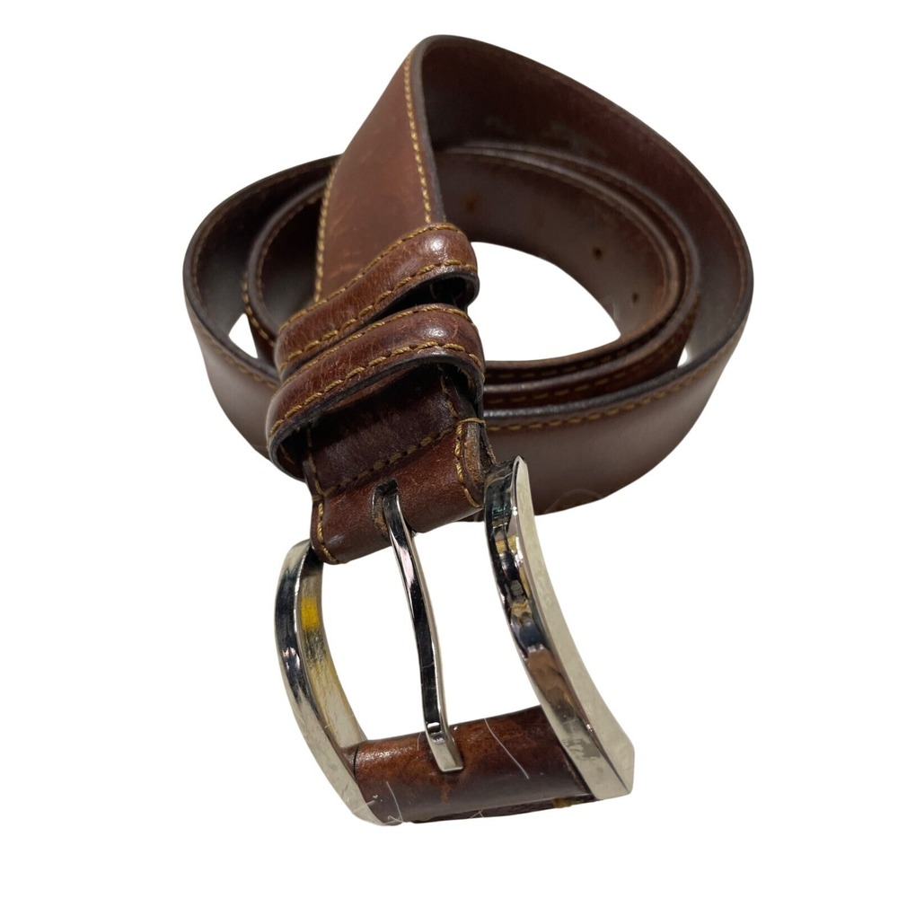 Remo Tulliani Mens Cognac Brown Leather Belt Silver Buckle Size 42 6772 Italy‎